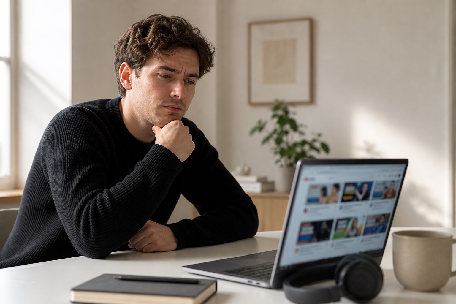Person at a desk looking skeptically at productivity and AI video thumbnails on a laptop