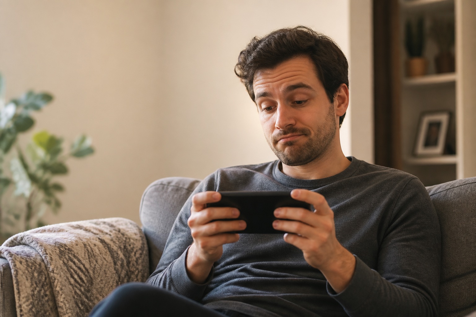 Viewer on a couch realizing a video isn’t what the title promised